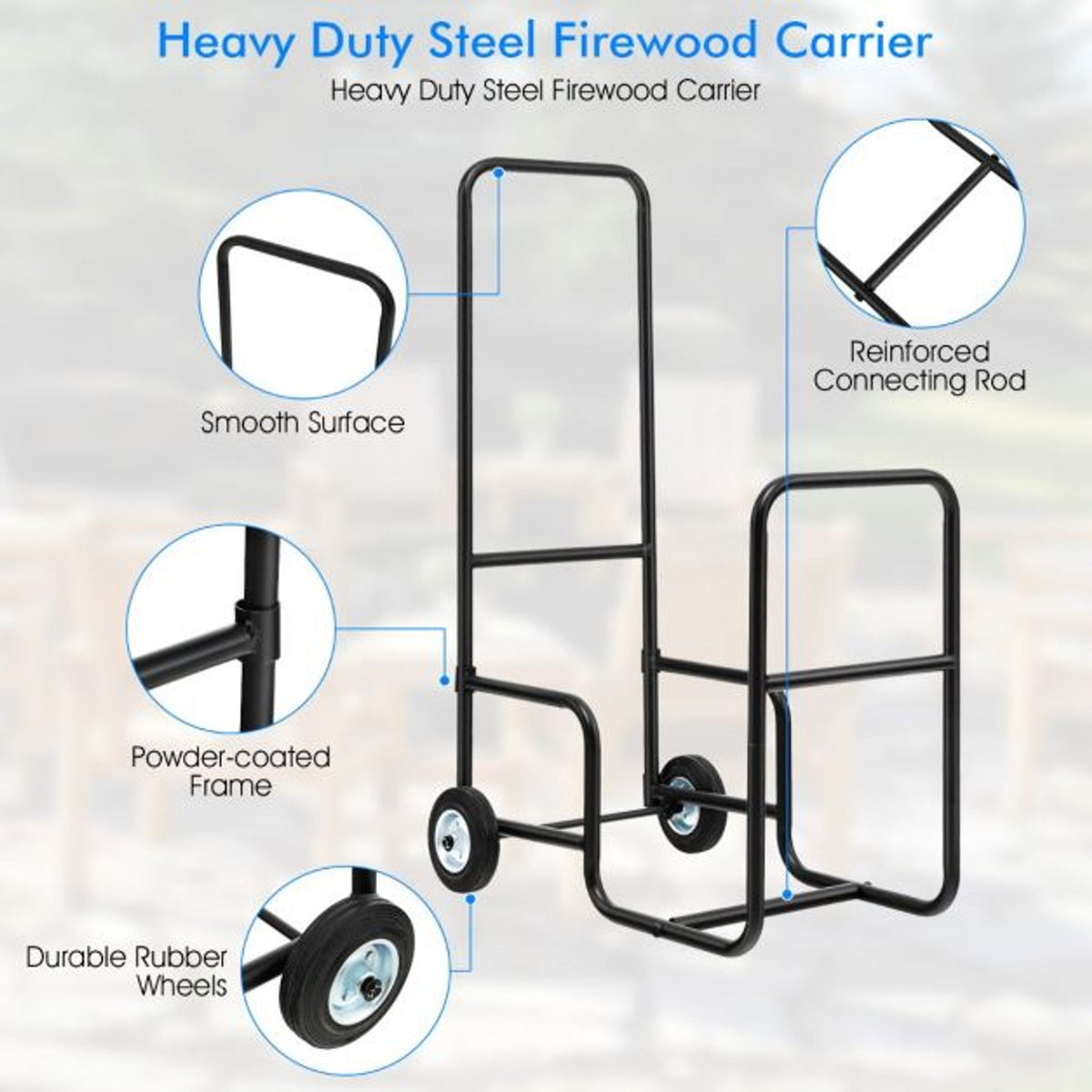Rolling Fireplace Log Holder Carrier and 55 x 29.5 Inch Fireplace Screen