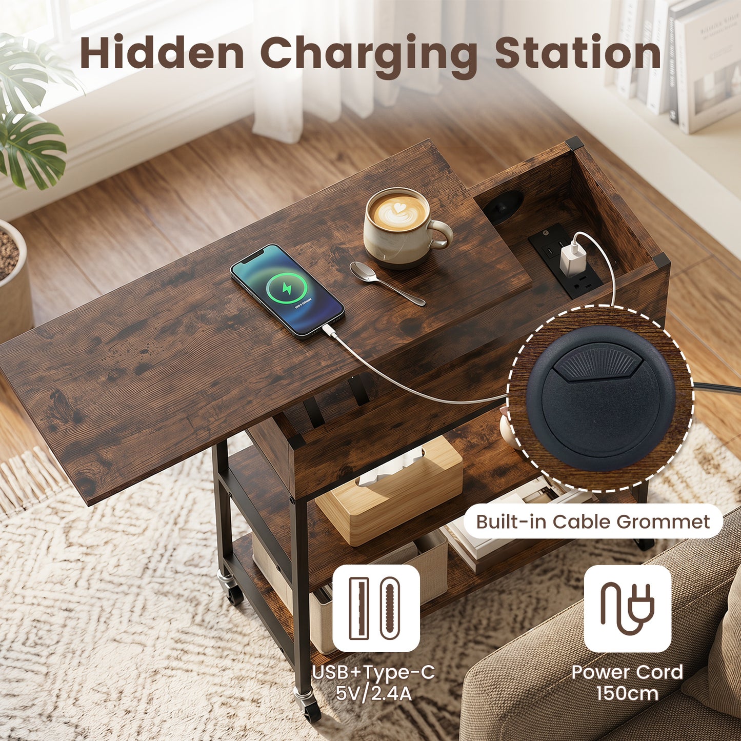 Rolling Lift Top End Table with Charging Station & Hidden Compartment for Living Room-Rustic Brown