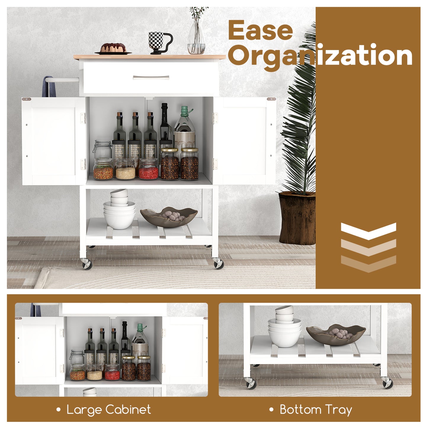 Rolling Kitchen Island Cart with Drawer and 2-Door Storage Cabinet-White
