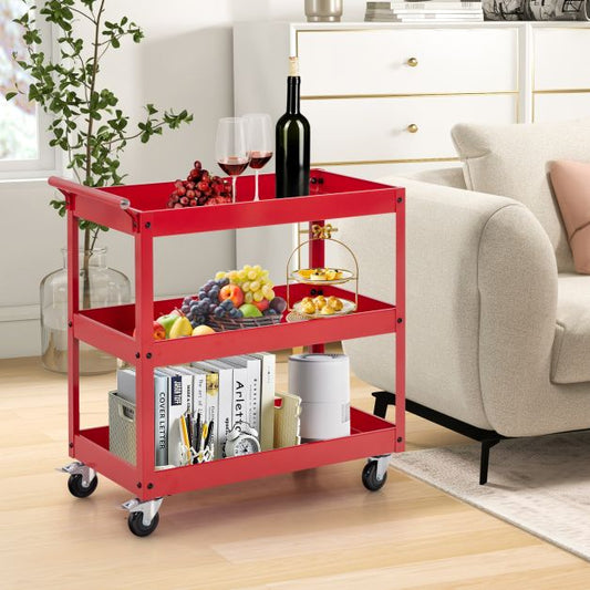 3 Shelf Rolling Metal Utility Cart with Ergonomic Handle-Red