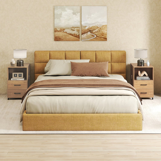 Rolling Nightstand with Storage Drawers and Shelves for Bedroom-Natural