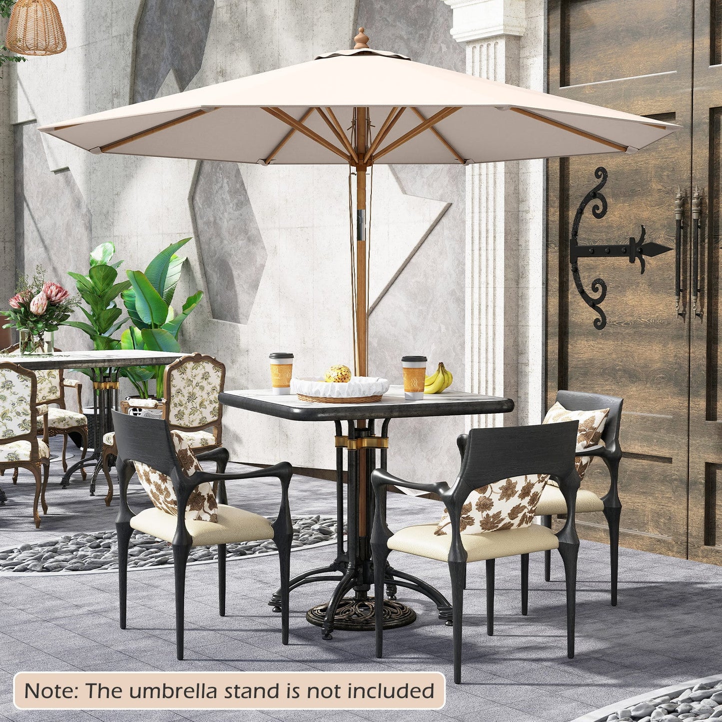 Round Patio Umbrella Bamboo Market Table Umbrella with Push Button Tilt-Beige