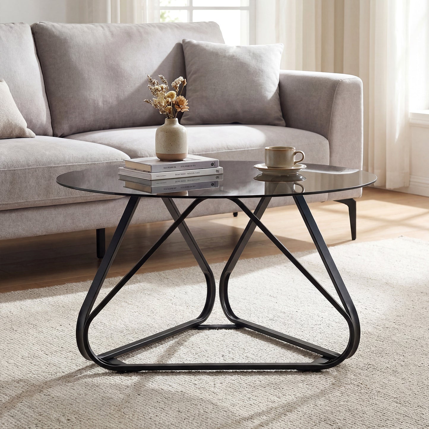 Round Tempered Glass Coffee Table with Triangle Metal Frame for Living Room-Black