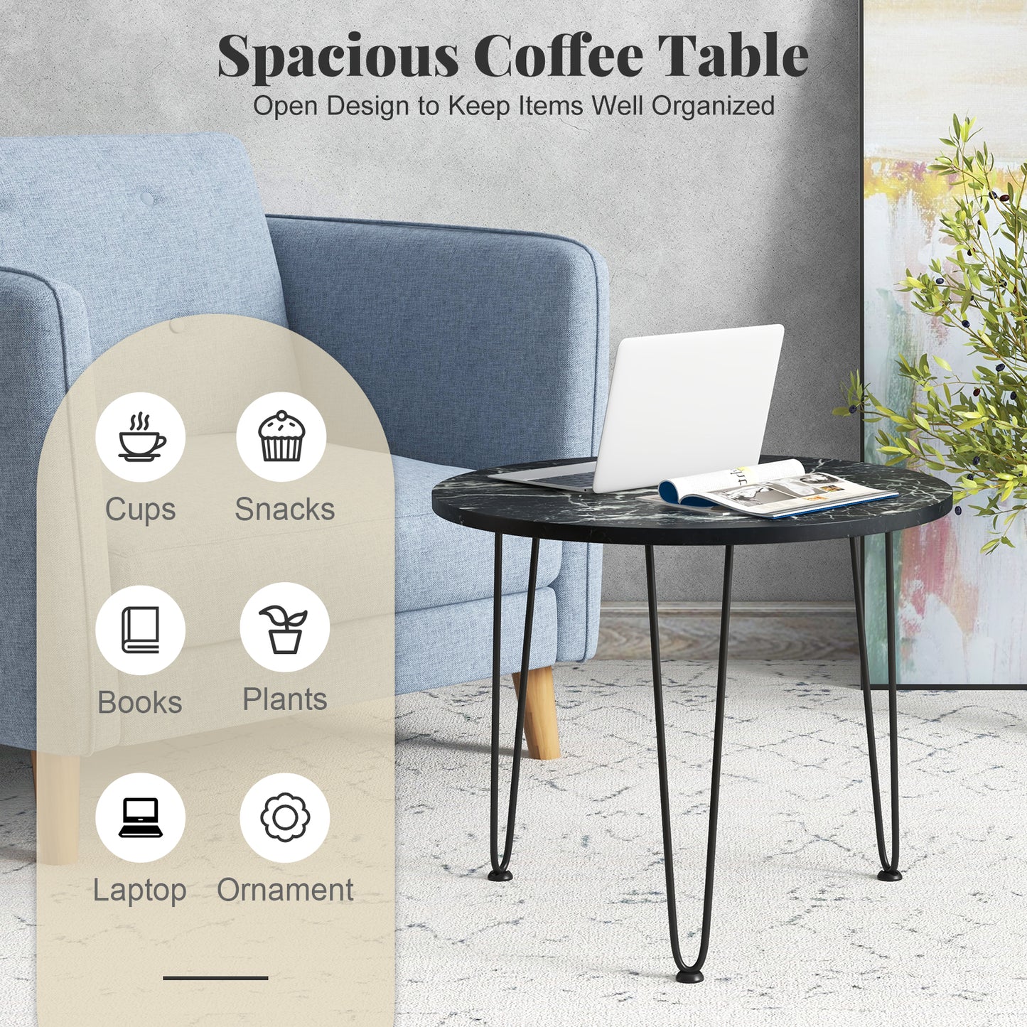 Round Coffee Table Small Faux Marble Accent Table with Thickened Tabletop and Metal Tripod Legs-Black