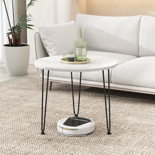 Round Coffee Table Small Faux Marble Accent Table with Thickened Tabletop and Metal Tripod Legs-White