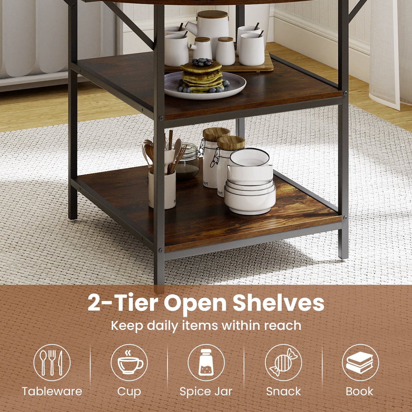 120 CM Round Dining Table with 2-Tier Storage Shelf and Heavy-duty Metal Frame-Black & Brown