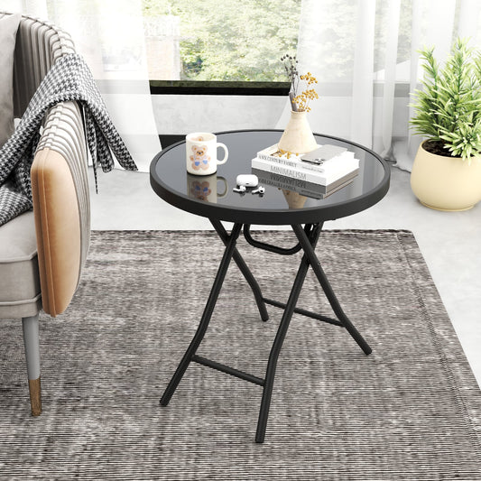 Round Folding Side Patio Coffee Table with Tempered Glass Tabletop-Black