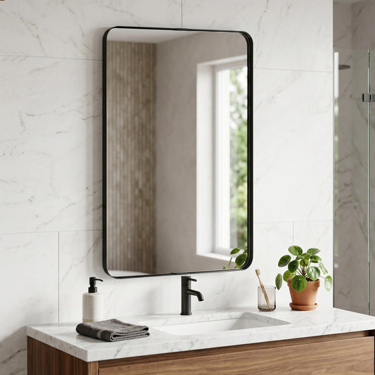 HOMCOM Rectangular Wall Mirror, 90 x 60 cm Wall Mounted Bathroom Mirror with Aluminium Alloy Frame and Tempered Glass, Black