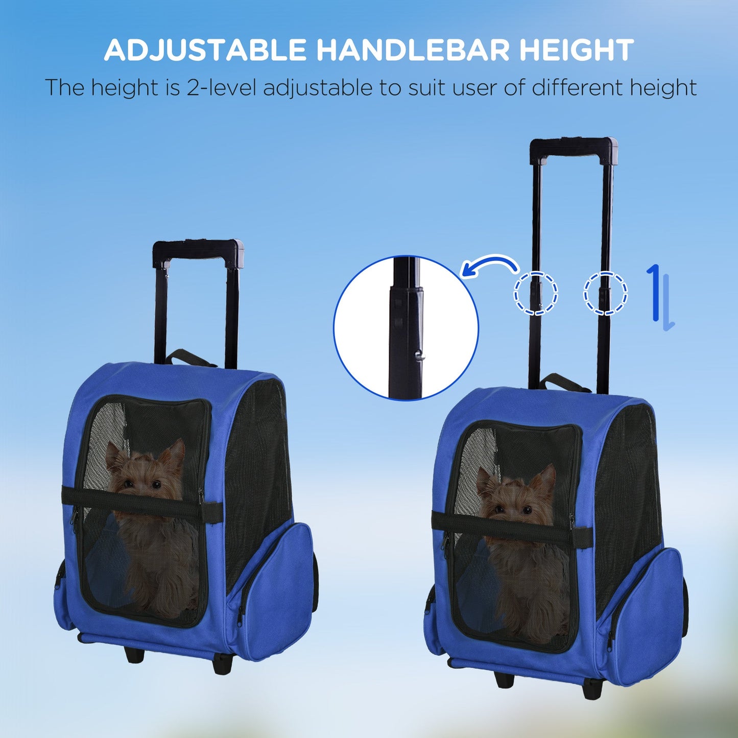 PawHut Pet Travel Backpack Bag Cat Puppy Dog Carrier w/ Trolley and Telescopic Handle Portable Stroller Wheel Luggage Bag (Blue)