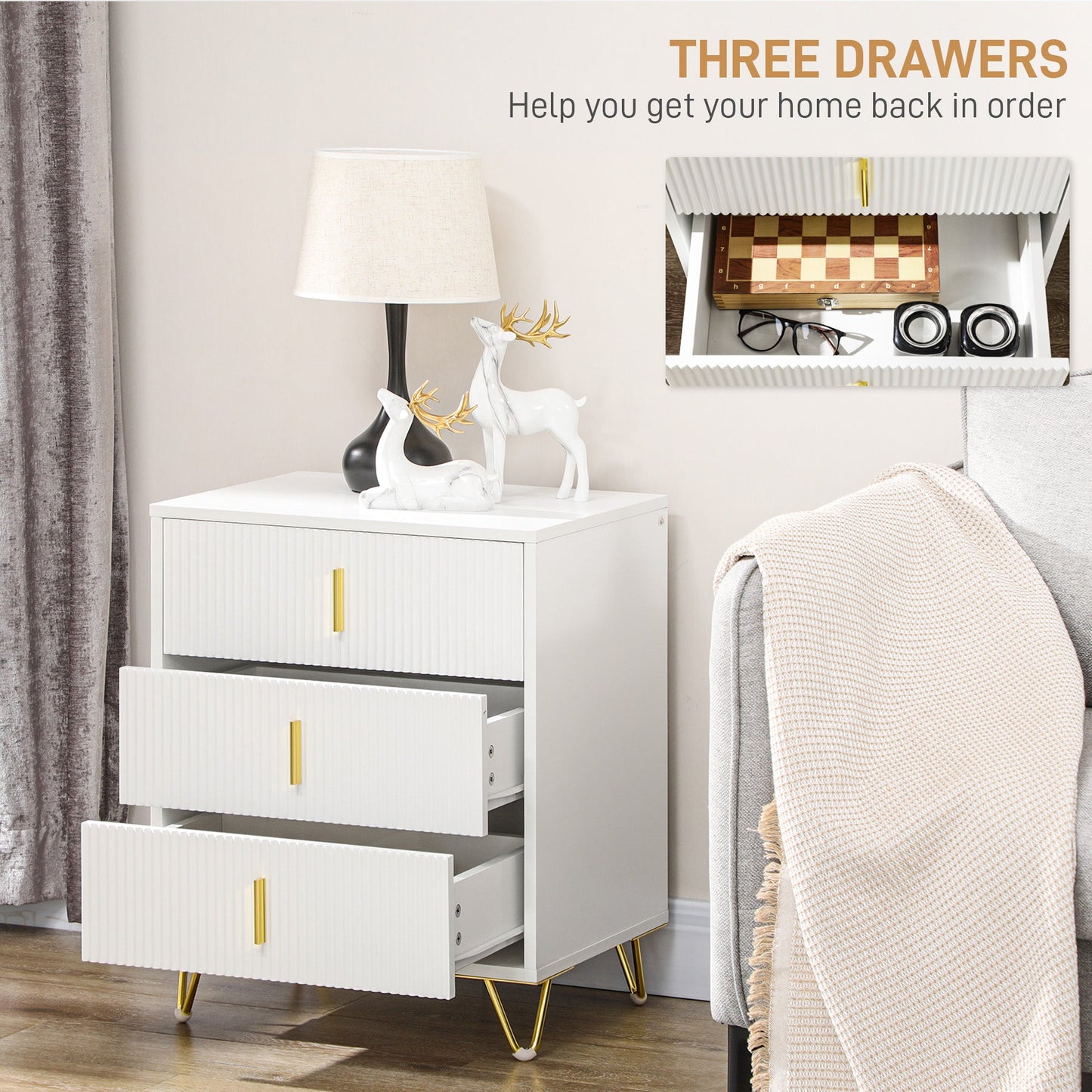HOMCOM Set of 2 Elegant Chest of Three Drawers - White/Gold-Tone