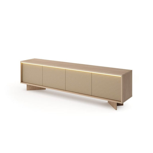 Modern beige sideboard with gold accents on a white background