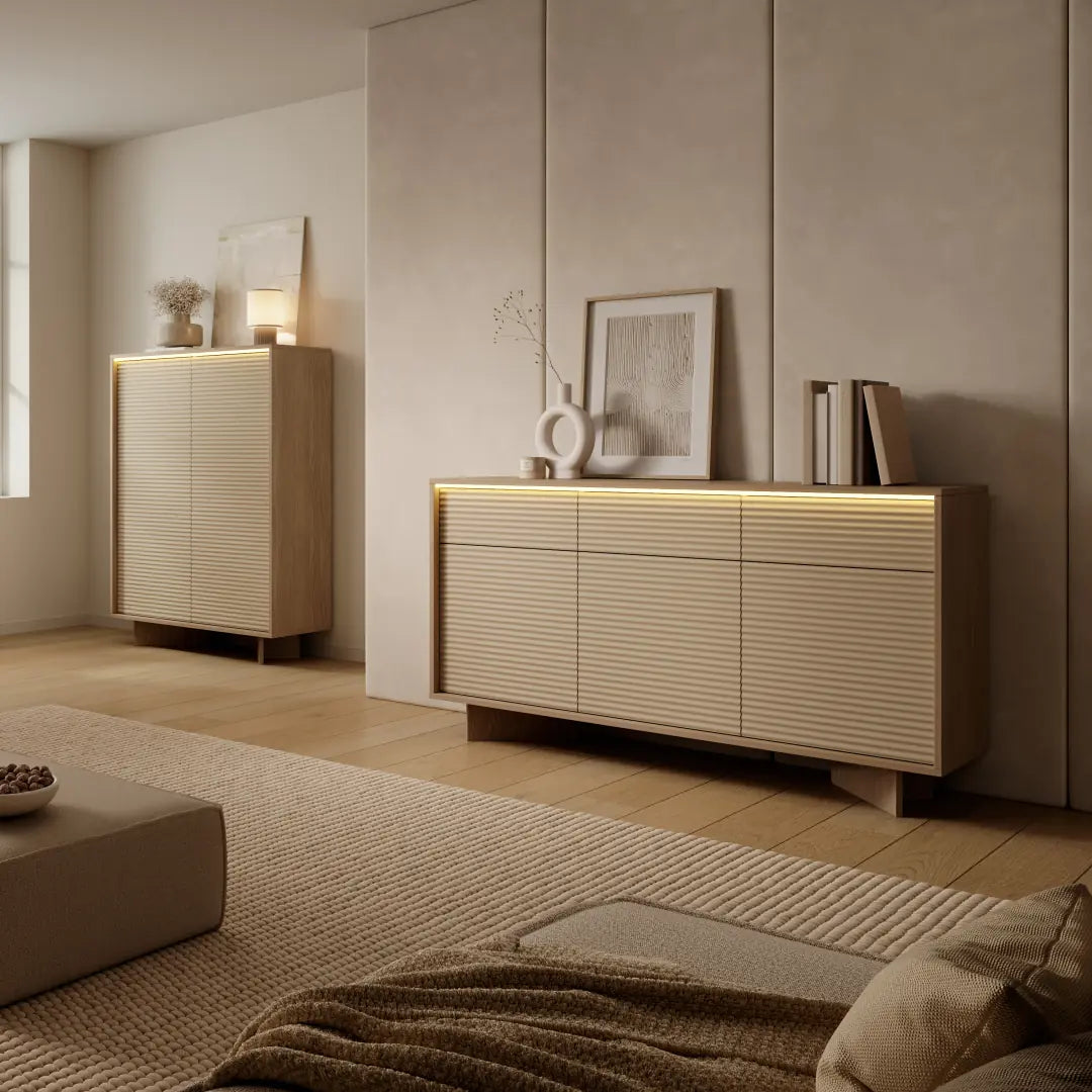 Modern bedroom with wooden furniture and neutral decor