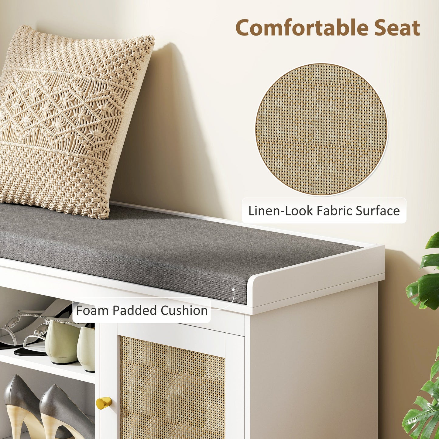 HOMCOM Boho Shoe Storage Bench with Padded Cushion and Rattan Doors - White