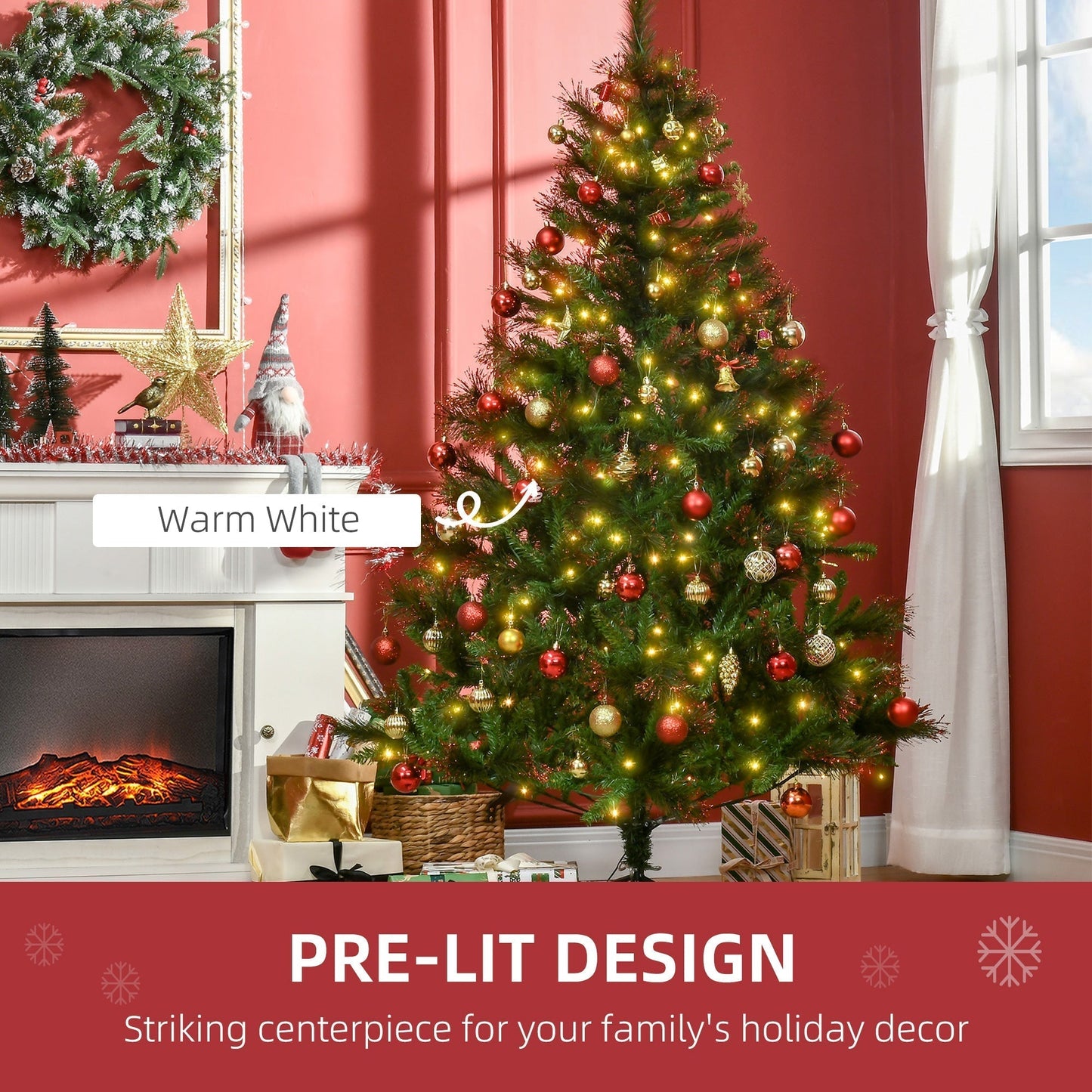 HOMCOM 1.8m 6ft Pre-Lit Christmas Tree Artificial Spruce Xmas Tree Warm White LED Holiday Decor with Metal Stand