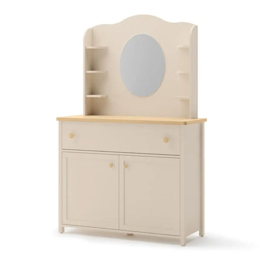 Beige cabinet with a wooden top on a white background