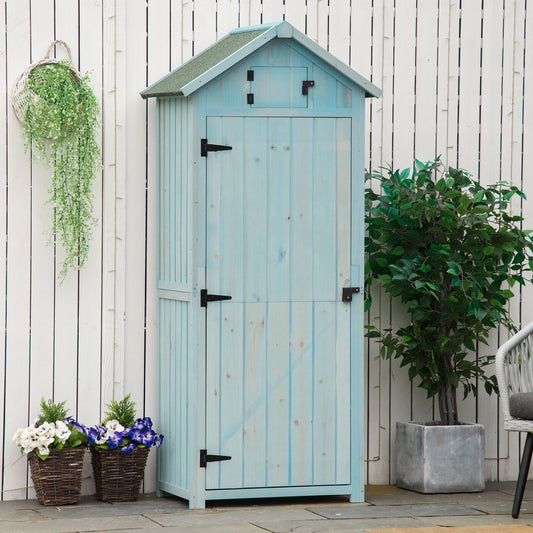 Outsunny Garden Shed Vertical Utility 3 Shelves Shed Wood Outdoor Garden Tool Storage Unit Storage Cabinet, 77 x 54.2 x 179cm - Blue