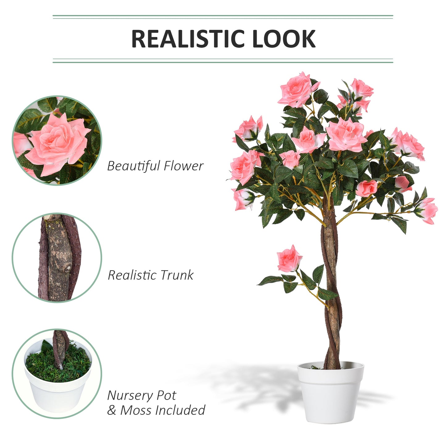Outsunny Artificial Plants Pink Rose Floral in Pot, Fake Plants for Home Indoor Decor, 90cm