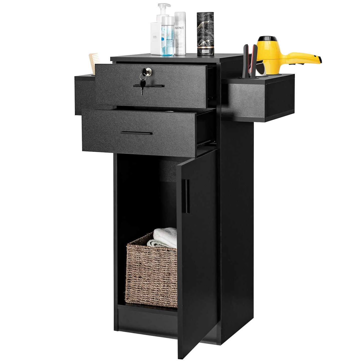 3-Tier Locking Salon Storage Cabinet with 2 Drawers and 6 Hair Dryer Holders-Black