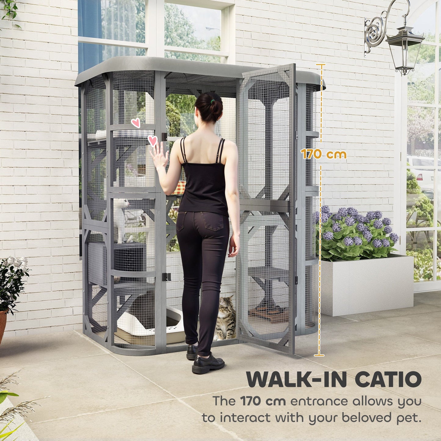 PawHut Catio Outdoor Cat Enclosure, Wooden Cat House with Platforms, Condo and Waterproof Cover for 2â3 Kittens, Grey
