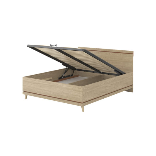 Wooden bed frame with open storage compartment on a white background
