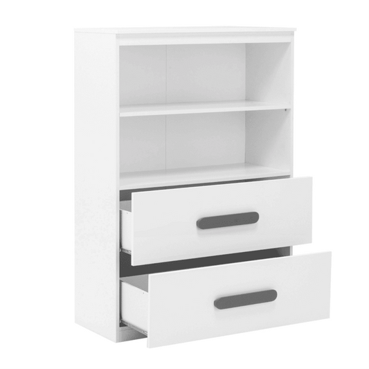 White cabinet with two drawers on a white background