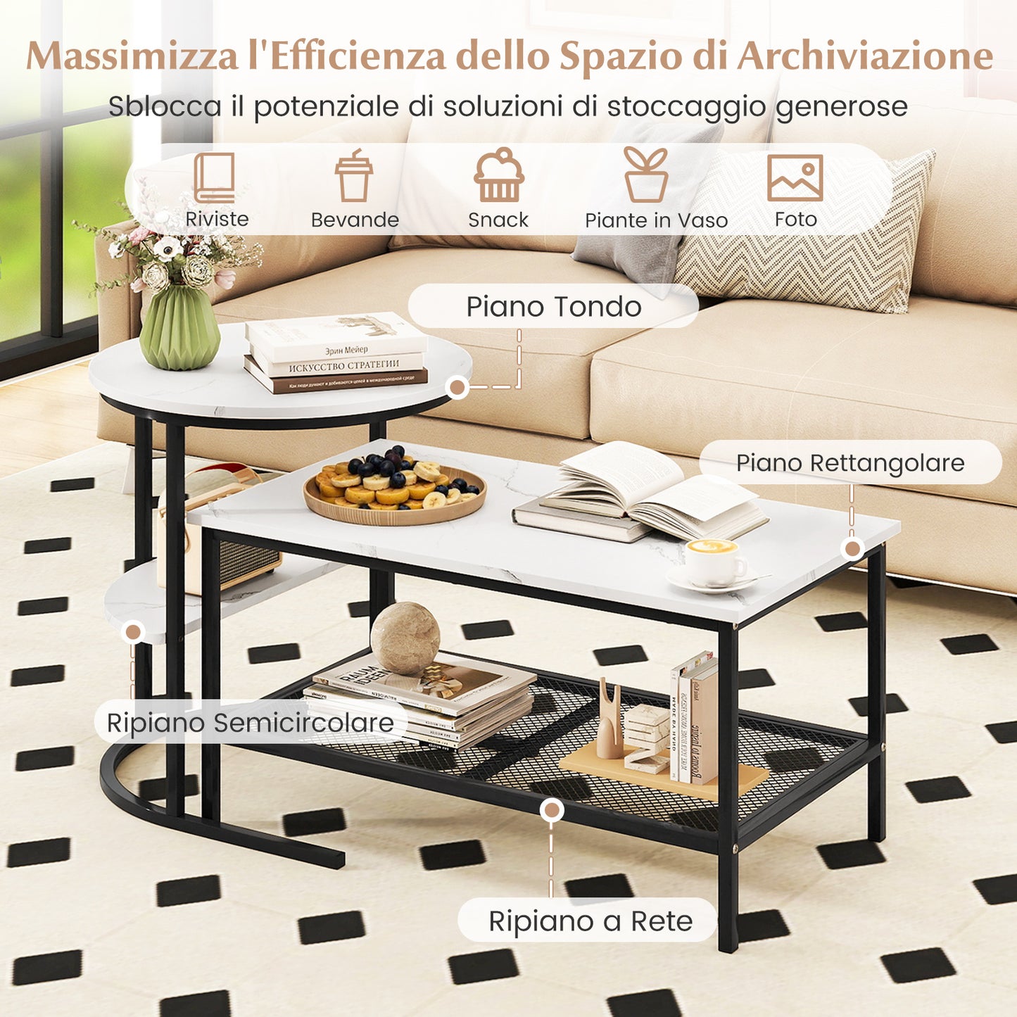 2-in-1 Modular Coffee Table Set with Faux Marble Top and Shelf, Round and Rectangular Tables for Living Room Bedroom White