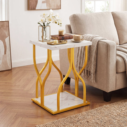 Set of 1 Faux Marble Nightstand with Storage Shelf for Bedroom Small Space-White