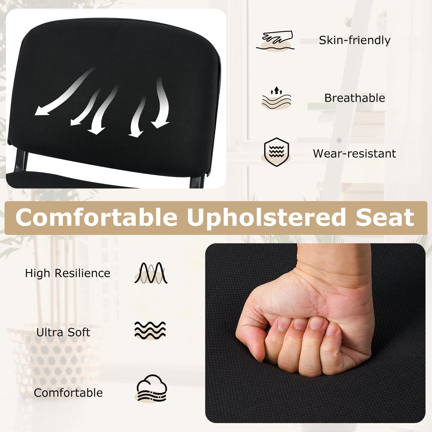 Set of 10 Stackable Home Office Chairs with Waterfall Seat and Metal Frame-Black