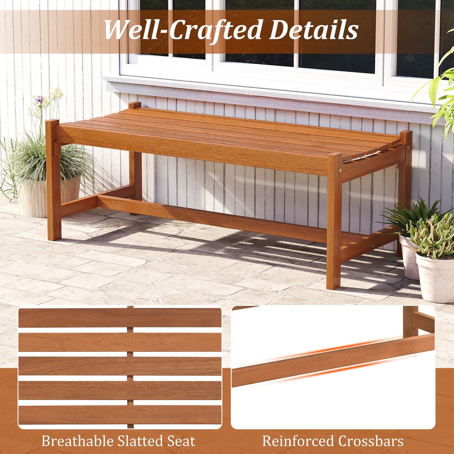 Set of 2 112cm Patio Wood Bench Set of 2 Outdoor Solid Hardwood Dining Bench