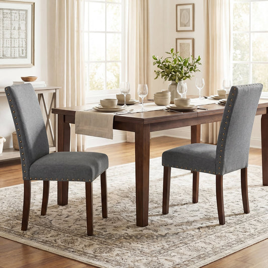 Set of 2 Dining Chairs with High Back, and Solid Rubber Wood Legs-Grey