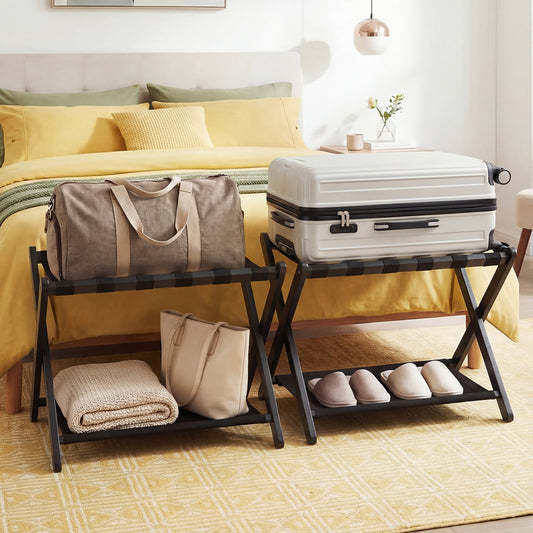 Set of 2 Folding Luggage Rack with Rubberwood Frame for Bedroom-Black