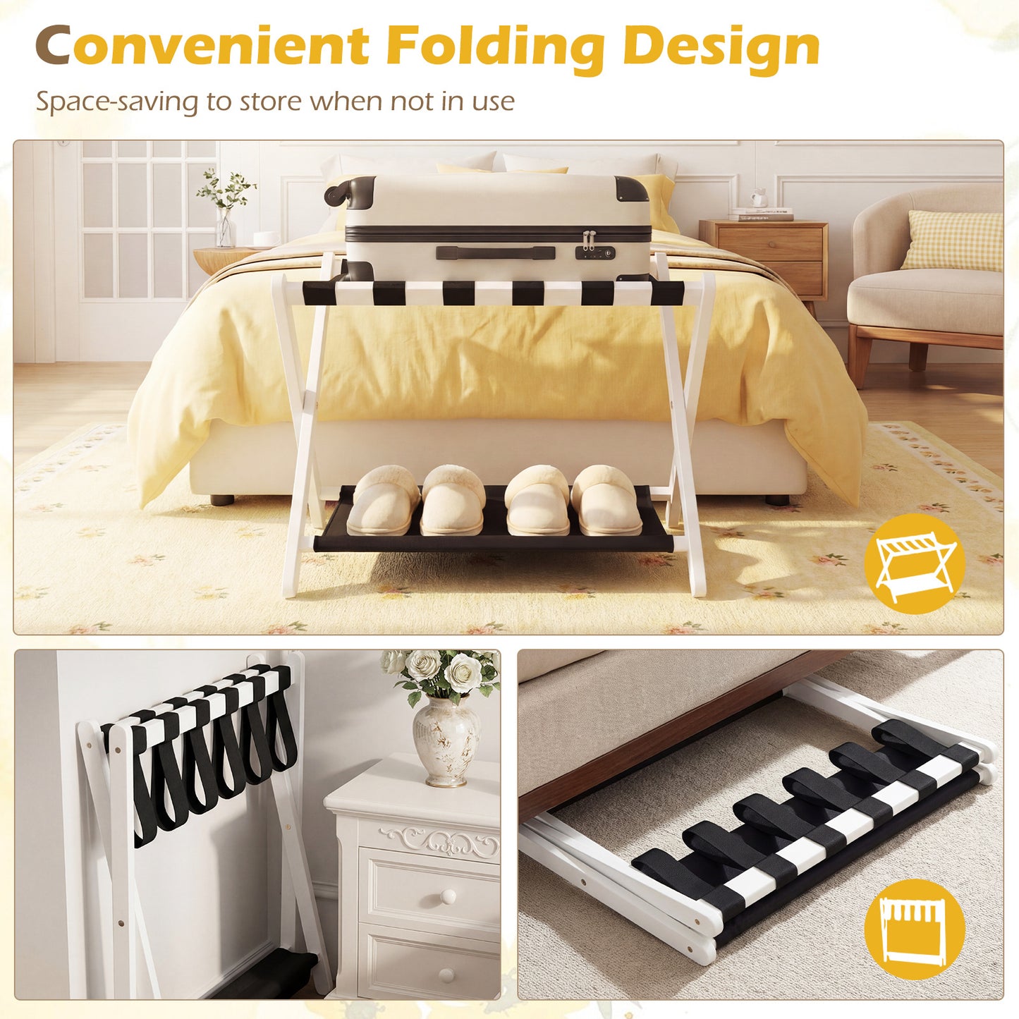 Set of 2 Folding Luggage Rack with Rubberwood Frame for Bedroom-White
