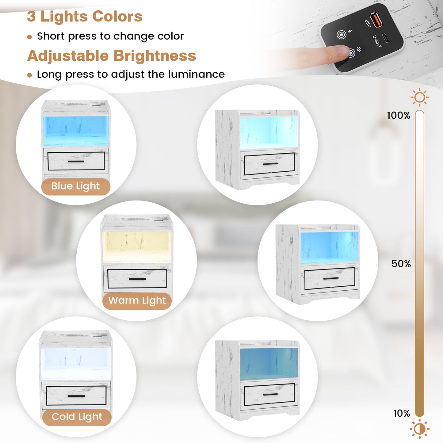 Set of 2 LED Nightstand with USB and Type-C Port-White