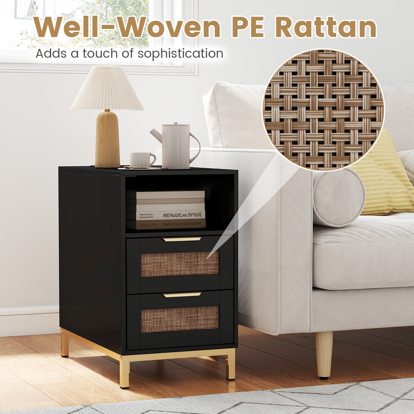 Set of 2 Narrow End Table with Charging Station Rattan Nightstand with 2 Drawers-Black