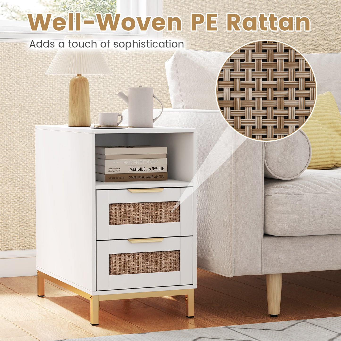 Set of 2 Narrow End Table with Charging Station Rattan Nightstand with 2 Drawers-White
