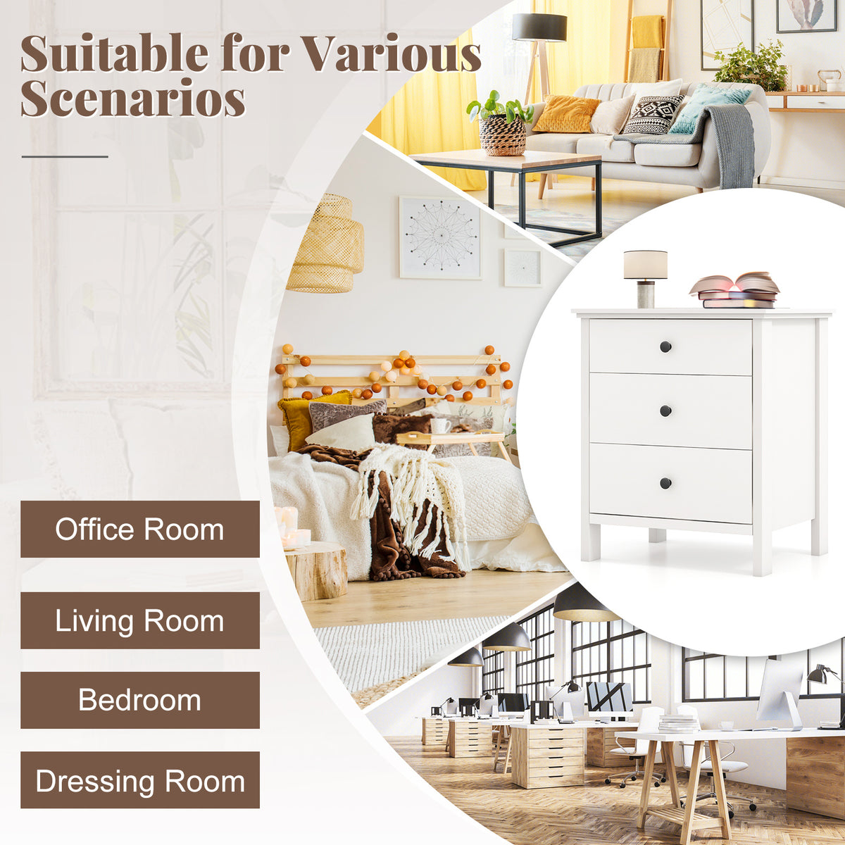 Set of 2 Nightstand with 3 Drawer for Bedroom Compact Storage Chest-White