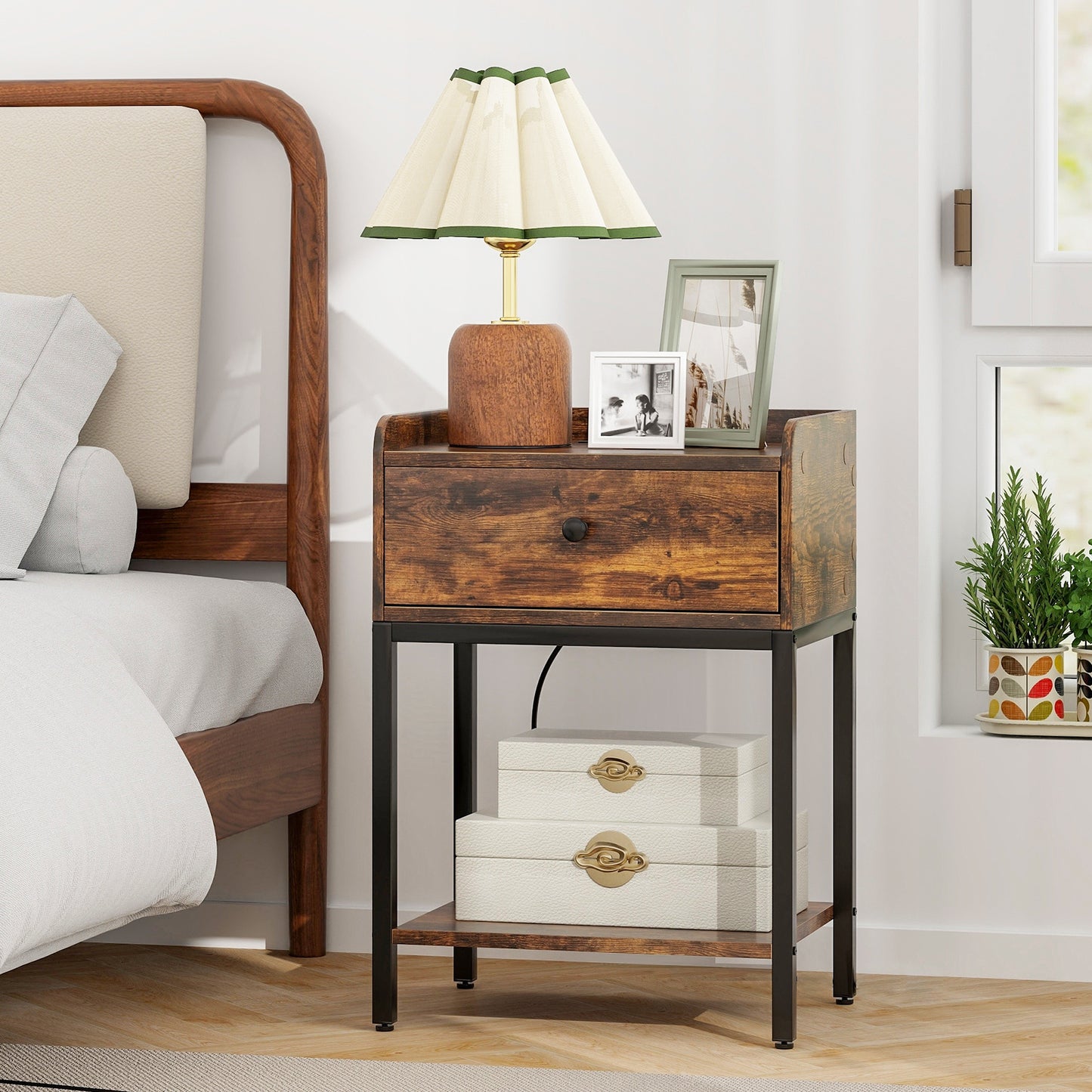 Set of 2 Nightstand with Charging Station Storage Drawer and Open Shelf-Rustic Brown