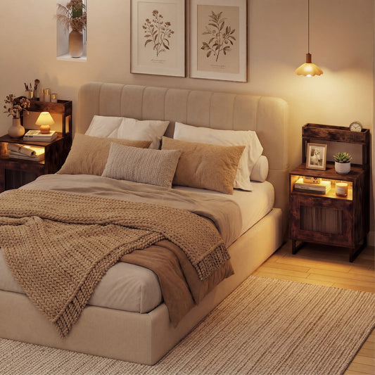 Set of 2 Nightstand with LED Lights Modern End Table with Top Tray-Rustic Brown