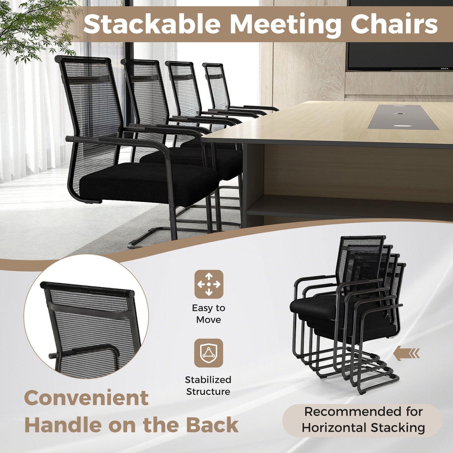 Set of 4 Executive Office Guest Chairs with Metal Sled Base-Grey