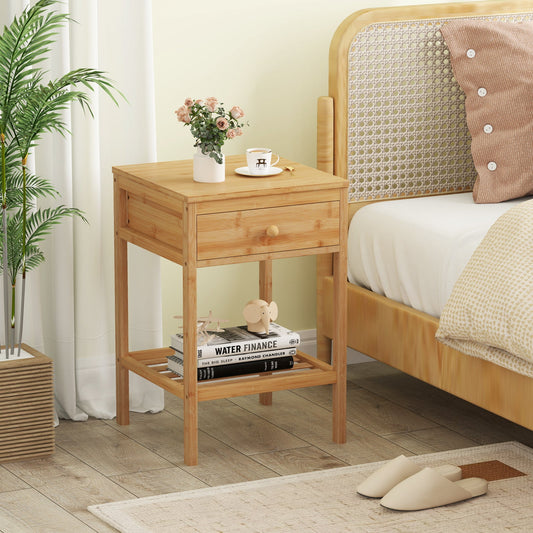 Set of 1/2 Bamboo Nightstand Bedside Table with Storage Drawer and Open Shelf-1 piece