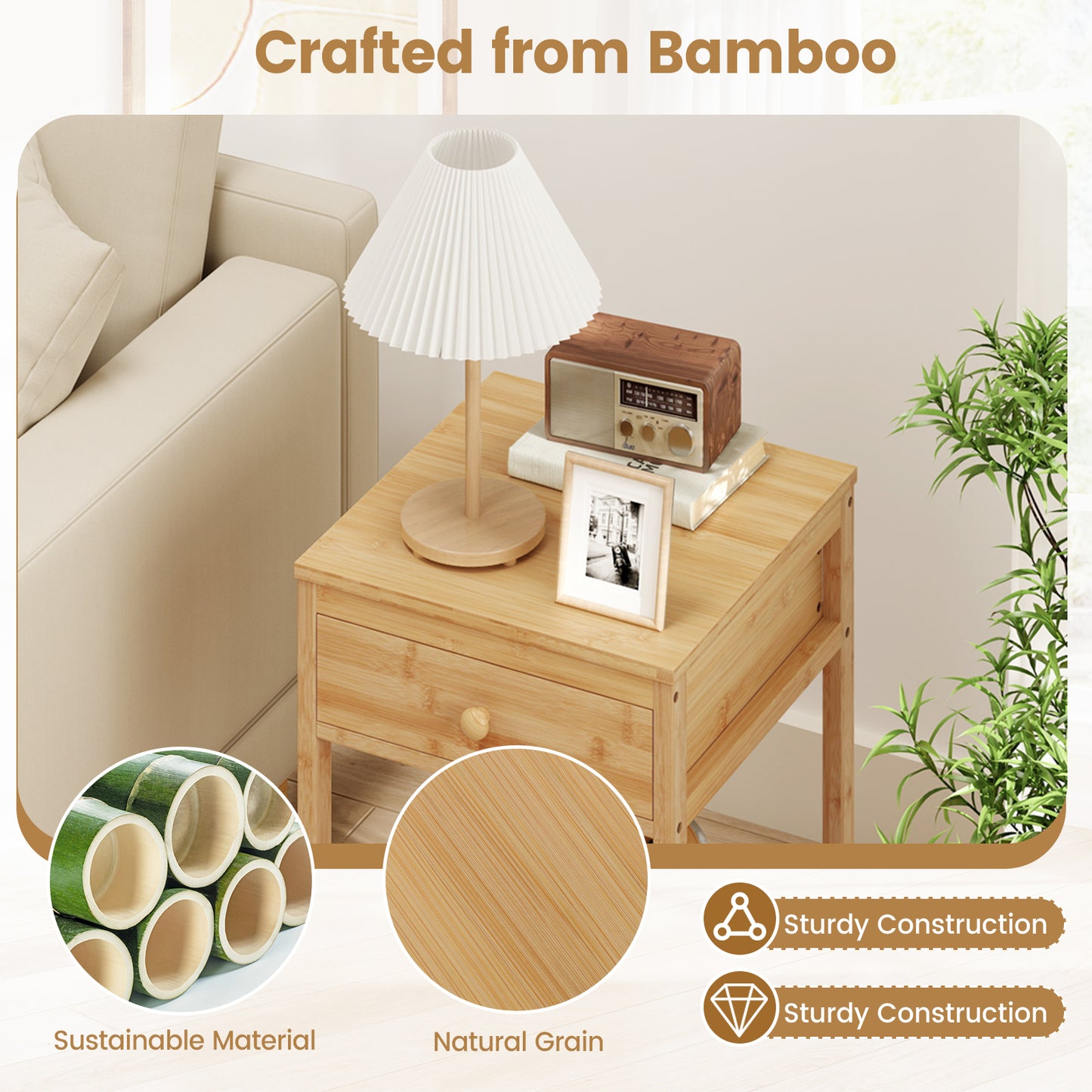 Set of 1/2 Bamboo Nightstand Bedside Table with Storage Drawer and Open Shelf-1 piece