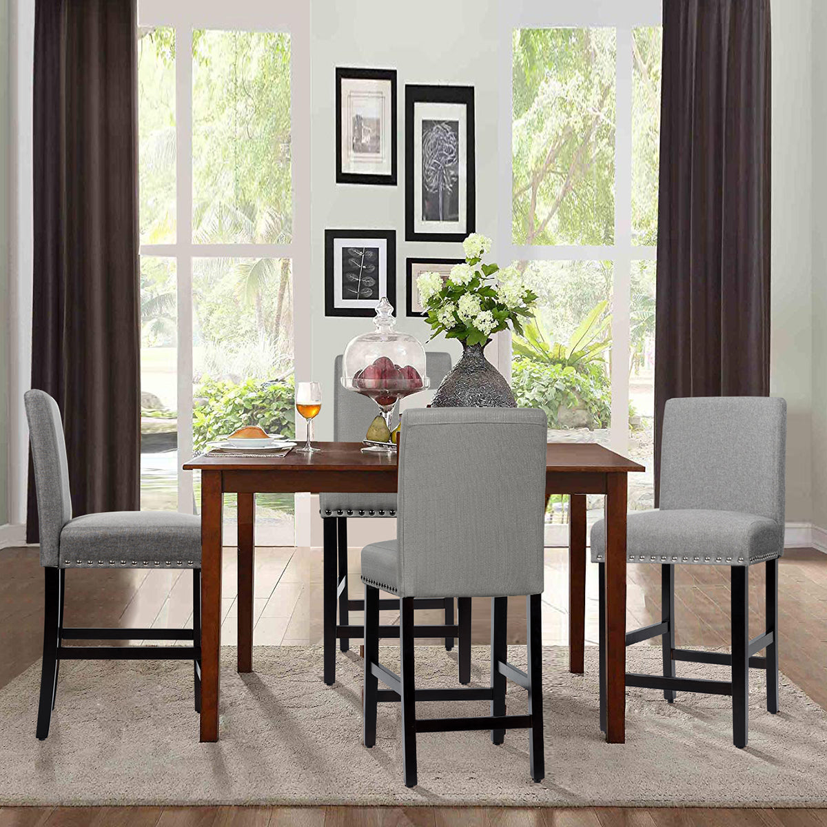 Set of 2 Bar Stool Upholstered Fabric with Low Backrest and Wide Seat-Grey