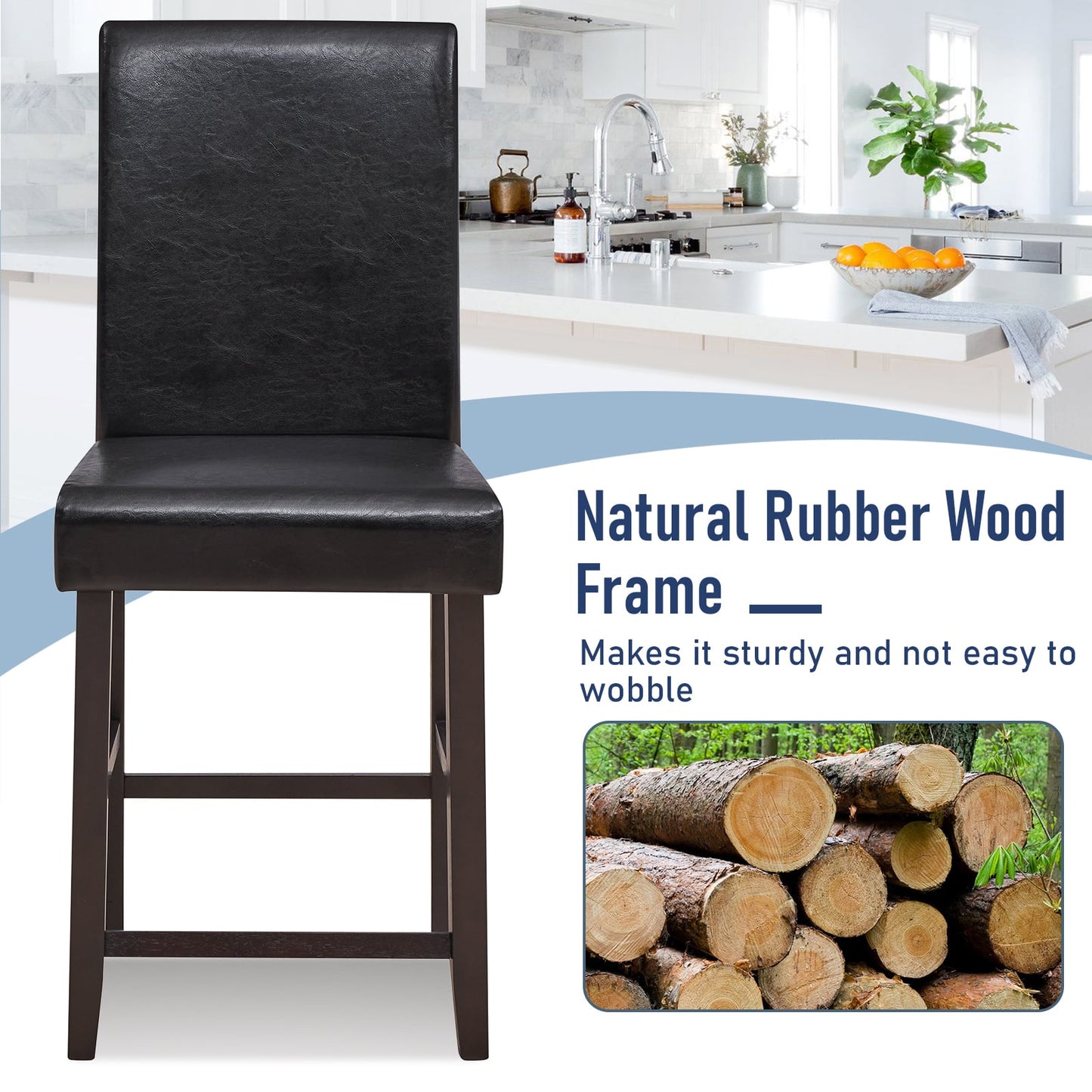 Set of 4 Counter Height Bar Stools with Rubber Wood Legs and Ergonomic