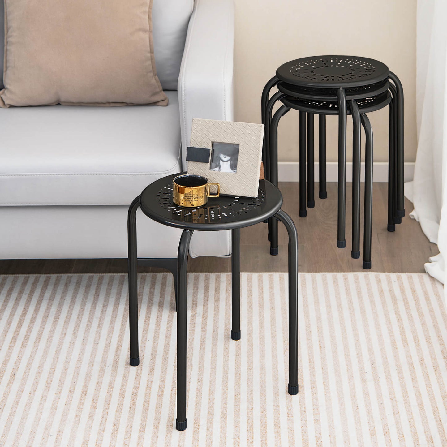 Set of 6 Round Metal Stools Support up to 120kg-Black