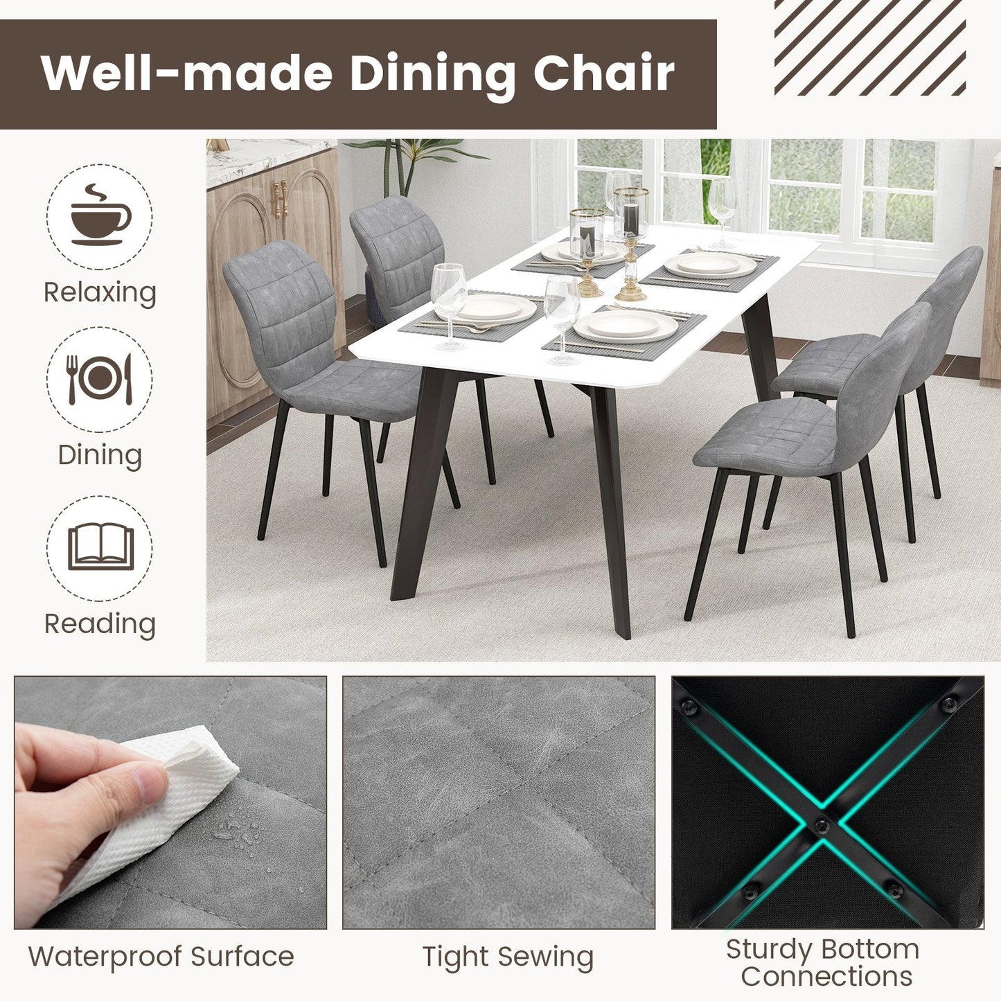 Set of 2 Dining Chairs Retro Kitchen Chairs with Padded Back-Grey-2 Pack