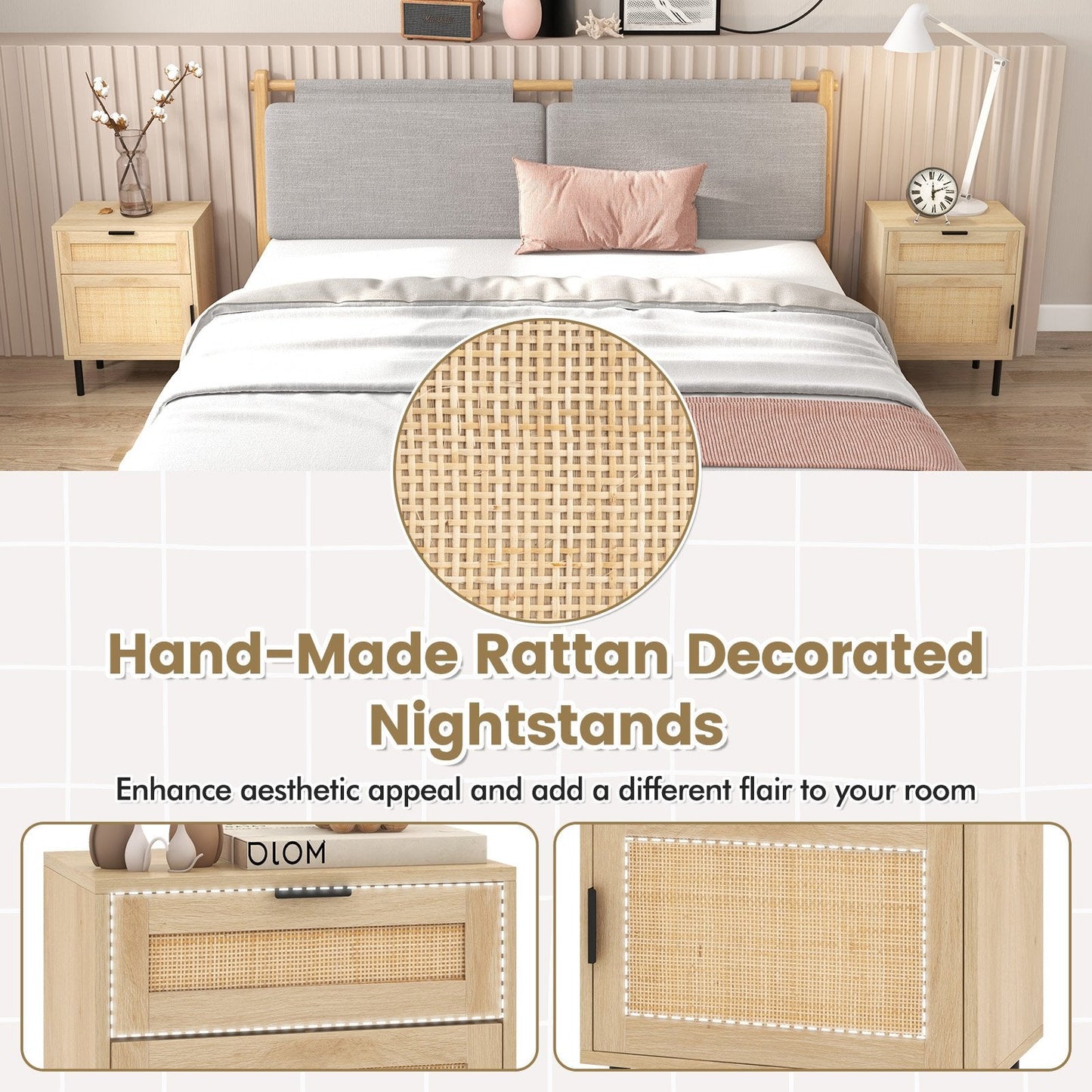 Set of 2 Rattan Nightstand with Drawer and Cabinet and Metal Legs-Natural