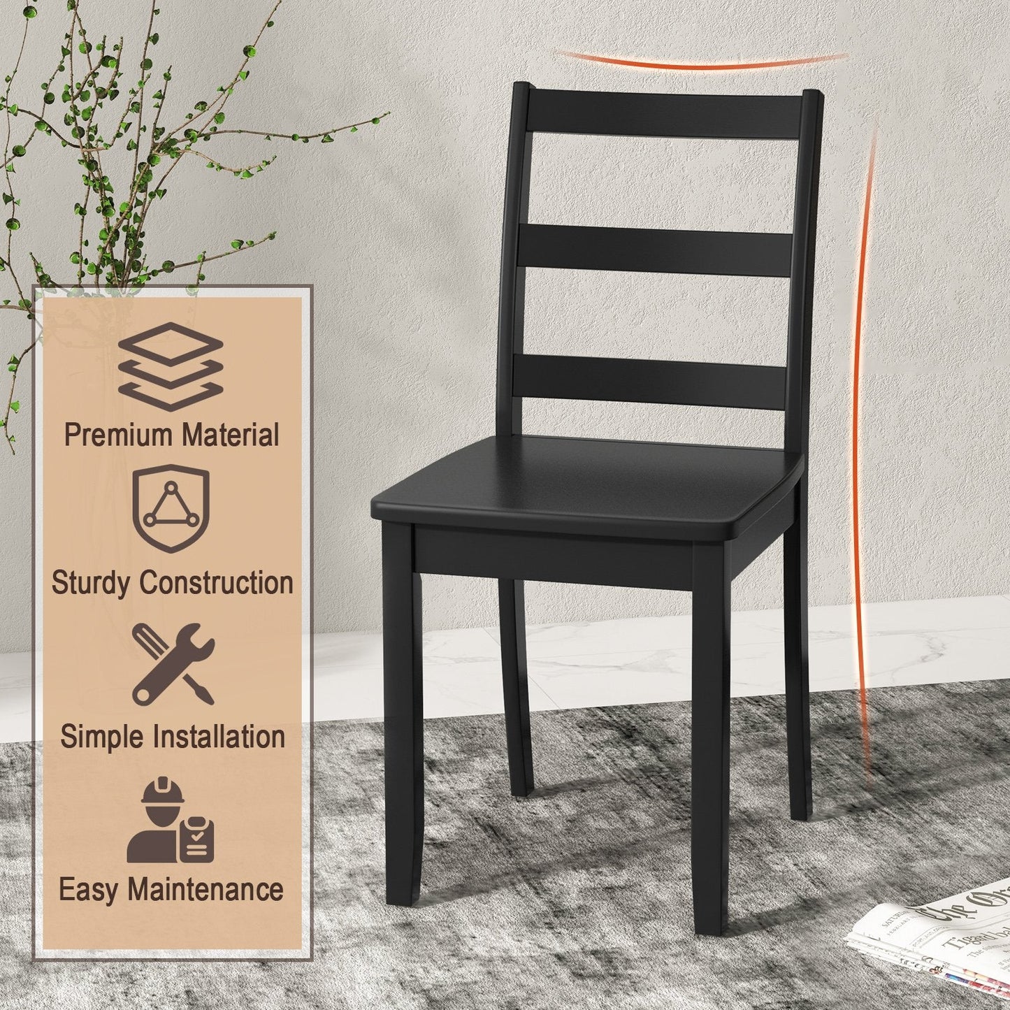 Set of 4 Dining Chairs with Back Armless Chairs with Solid Rubber Wood Legs-Black