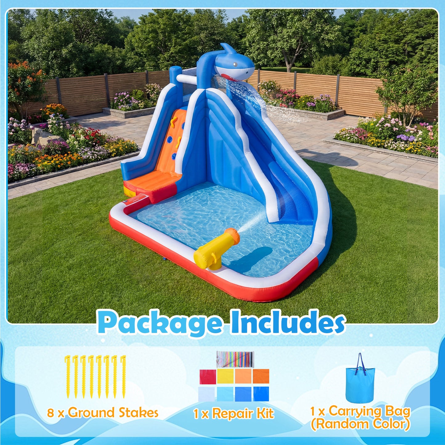 Shark-Themed Kids Water Park with Climbing Wall for Party Summer