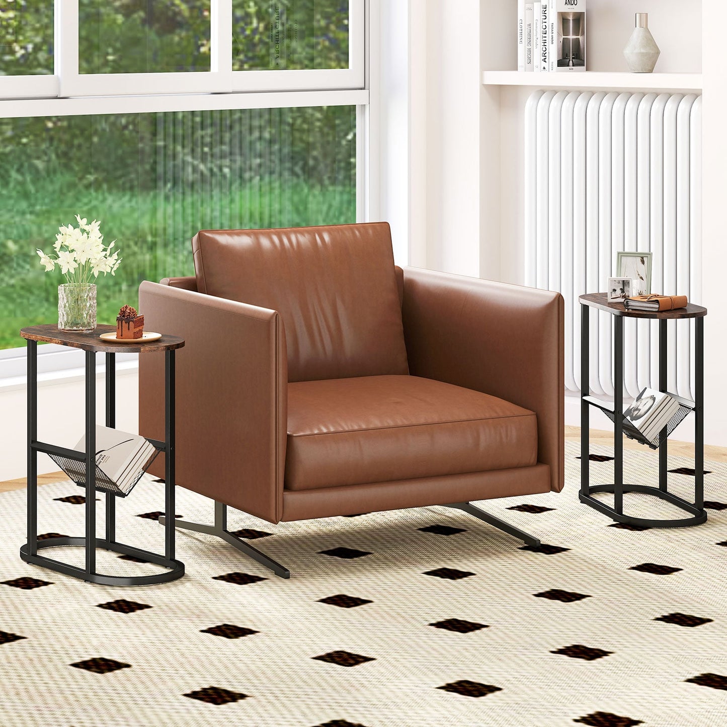 2-Tier Narrow Side Table with Magazine Holder for Living Room Bedroom-Rustic Brown