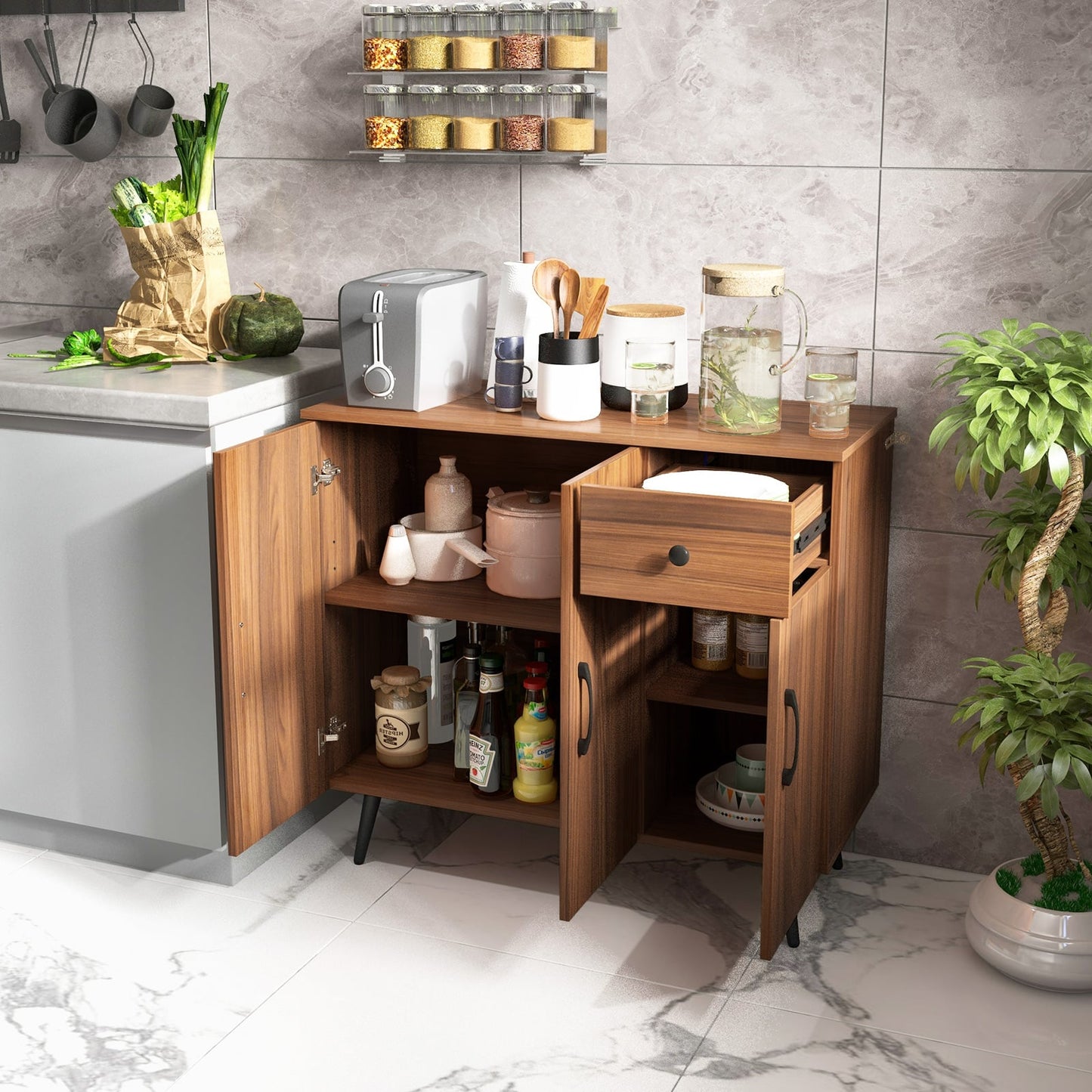 Sideboard Buffet Cabinet with 3 Doors and Pullout Drawer Adjustable Shelves-Walnut
